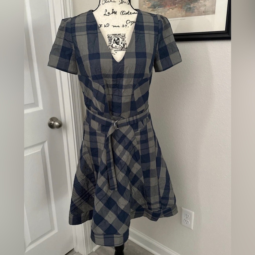 Club Monaco Navy and Gray Plaid Belted Dress